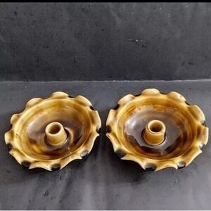 Art Pottery Fluted Candlesticks Drip Glaze Vintage Colonial Holder Handmade Pair